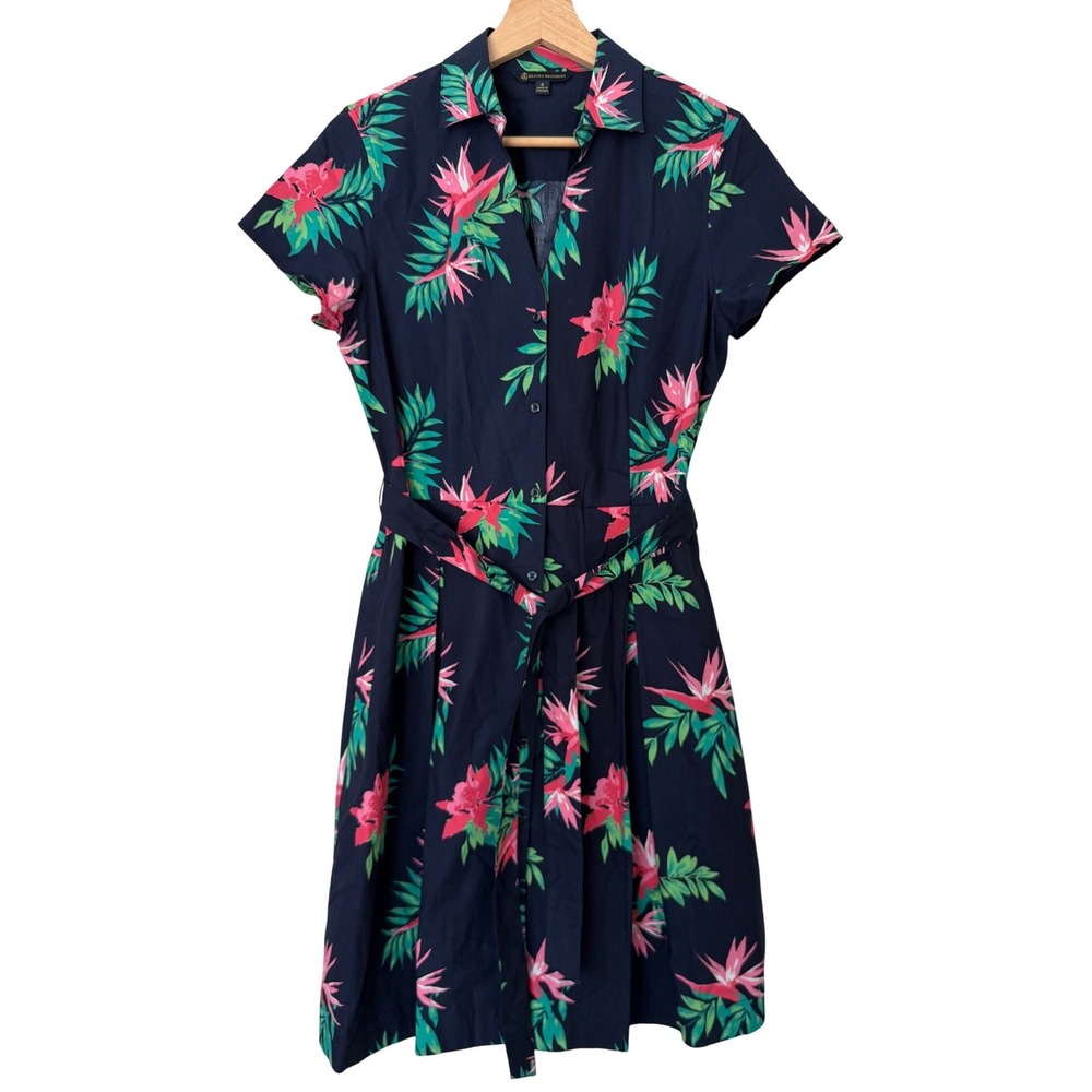 Brooks Brothers Womens Navy Floral Tropical Cotton Button Shirt Dress Size 6